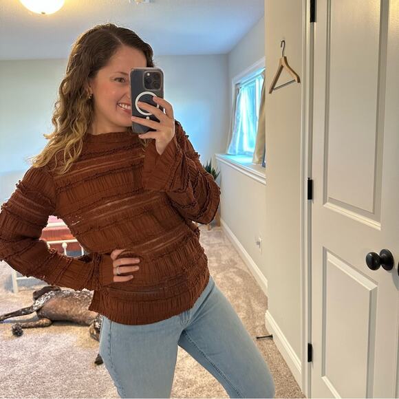 byTiMo Rust Orange Brown Eyelet Long Sleeve Top Blouse Medium - Picture 3 of 11